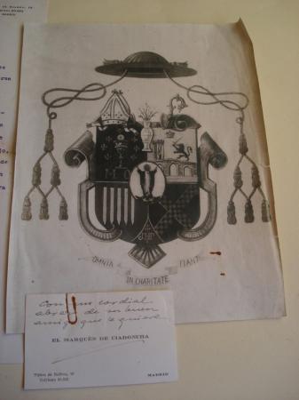 Primeiro blasn do Arcebispo D. Fernando Quiroga Palacios ao ser nomeado Bispo de Mondoedo en 1944. O lote incle unha descricin do escudo, en papel orixinal do Archivo Herldico de los Sres. de Rjula, Reyes de Armas de S. M. (Madrid, febrero, 1945)
