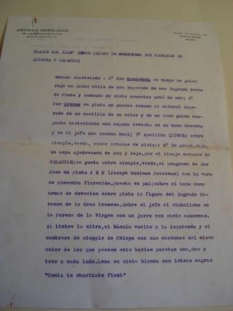 Primeiro blasn do Arcebispo D. Fernando Quiroga Palacios ao ser nomeado Bispo de Mondoedo en 1944. O lote incle unha descricin do escudo, en papel orixinal do Archivo Herldico de los Sres. de Rjula, Reyes de Armas de S. M. (Madrid, febrero, 1945)