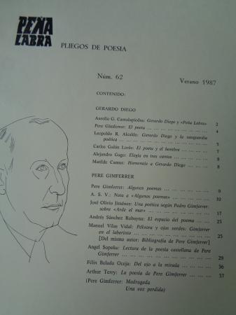 PEA LABRA. Revista de Poesa. Nmero 62. Verano 1987. Gerado Diego. Pere Gimferrer