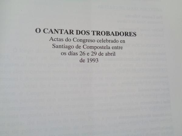 O cantar dos trobadores. Actas do Congreso, Santiago de Compostela, 1993